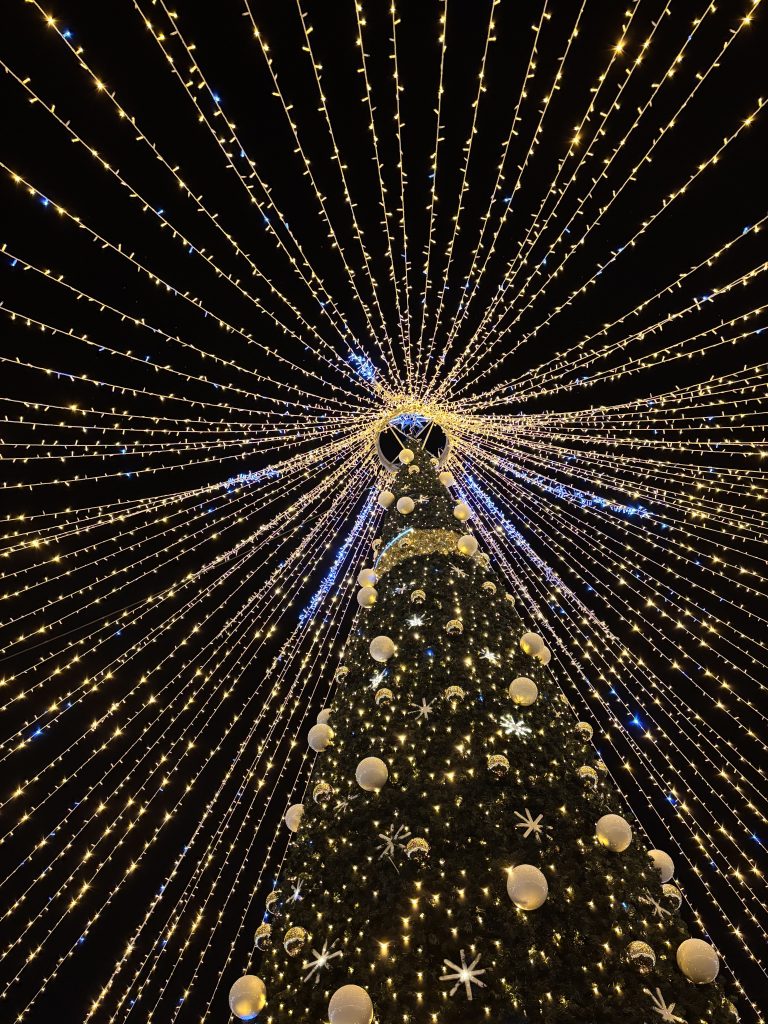 Sapin de Noël décoré et illuminé au marché de Noël de Toulouse pendant les fêtes de fin d’année